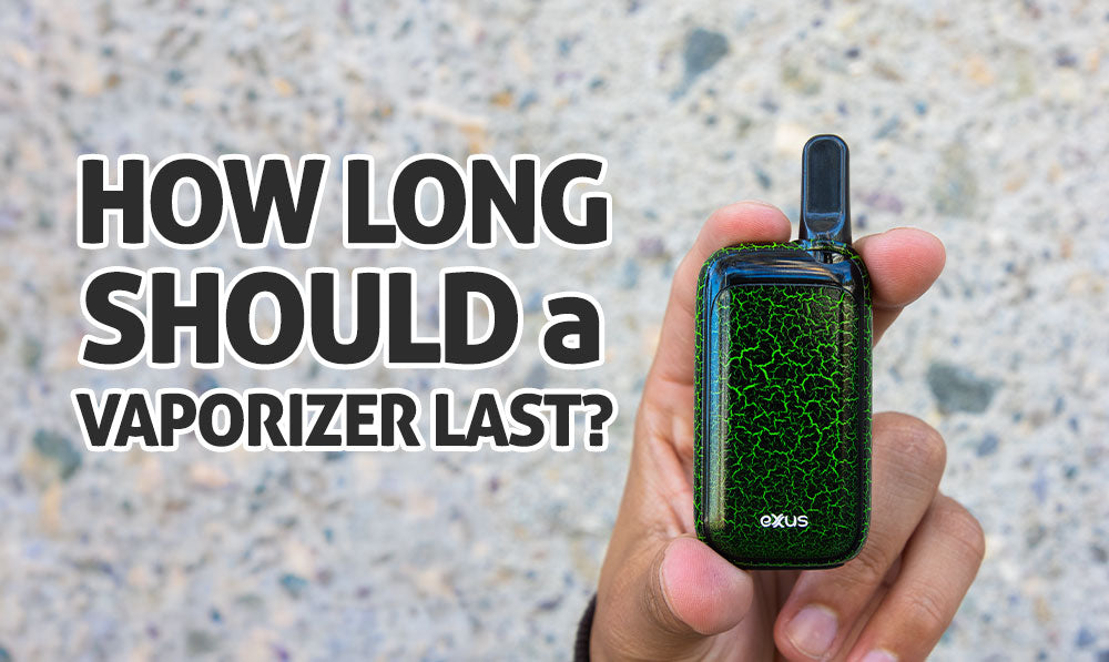 text on left of screen stating title of article with right of screen having a vaporizer being held by a hand by exxus vape in green