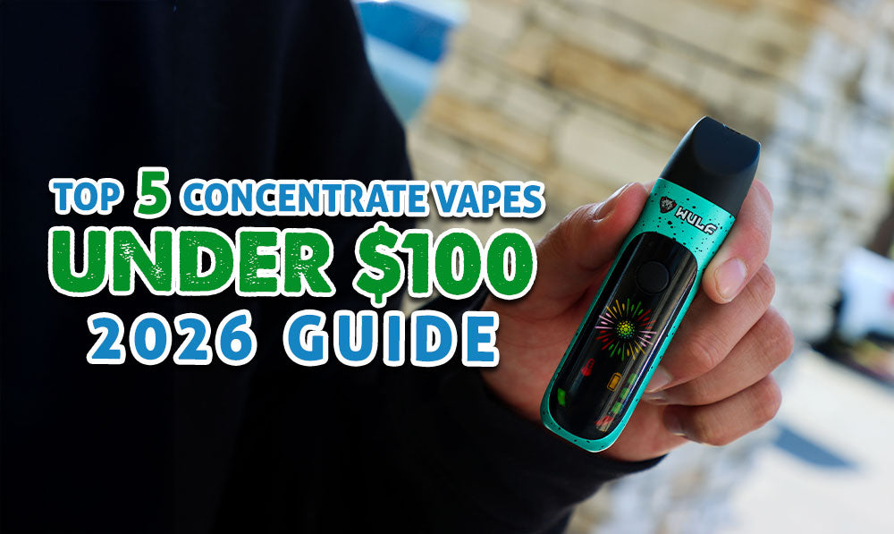 man holding the Wulf Budr Wax Vaporizer outside office building with text