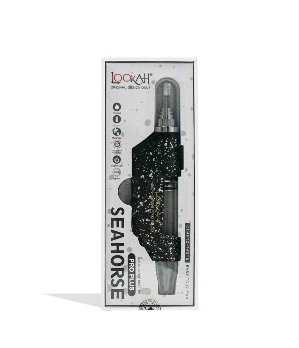 Black-White Lookah Seahorse Pro Plus Spatter Edition Nectar Collector Packaging Front View on White Background