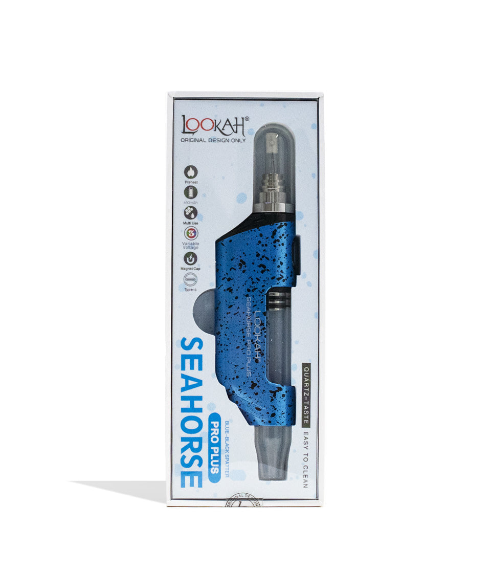 Blue Lookah Seahorse Pro Plus Spatter Edition Nectar Collector Packaging Front View on White Background