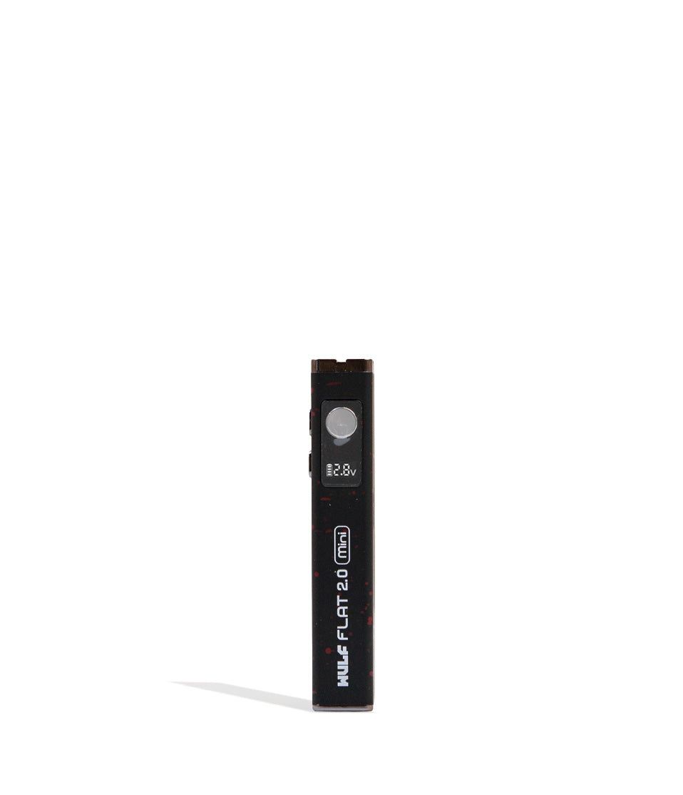 Black Red Spatter Wulf Mods Flat Mini 2.0 Variable Voltage Battery Front View on White Background