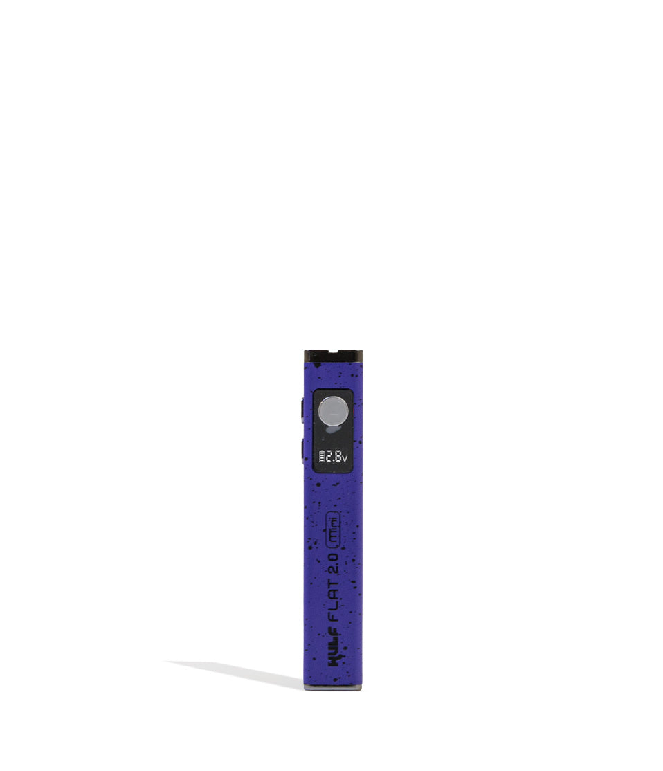 Purple Black Spatter Wulf Mods Flat Mini 2.0 Variable Voltage Battery Front View on White Background