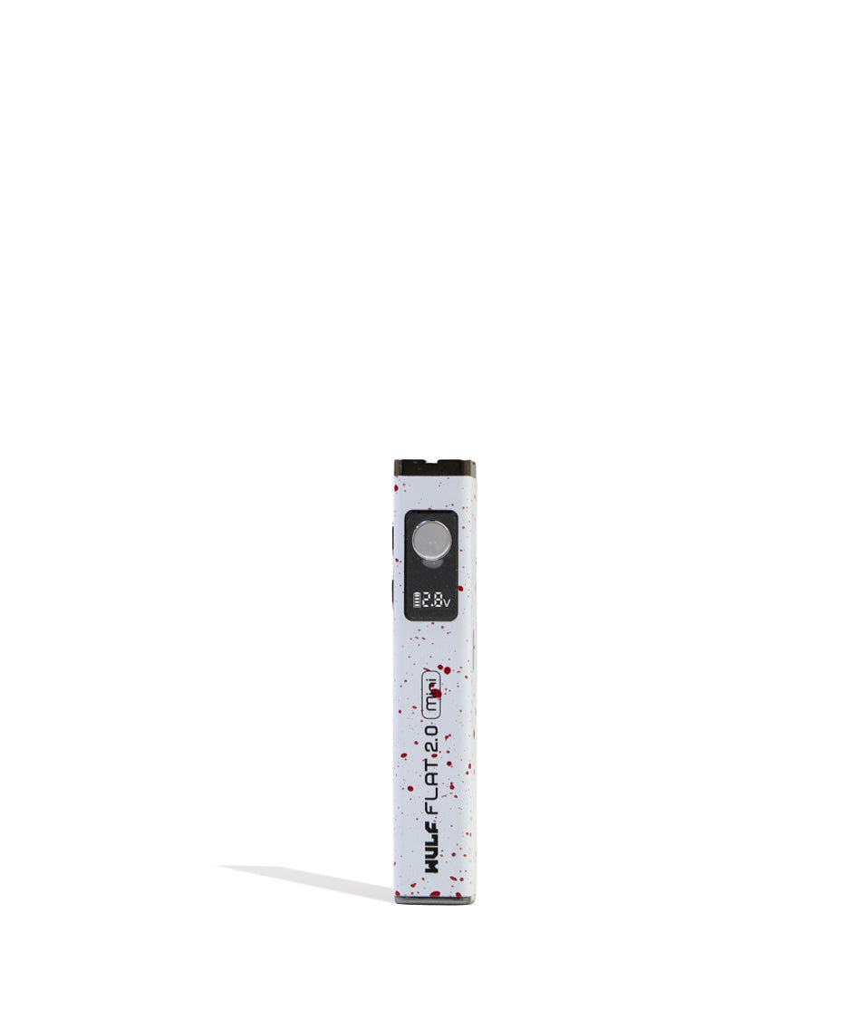 White Red Spatter Wulf Mods Flat Mini 2.0 Variable Voltage Battery Front View on White Background