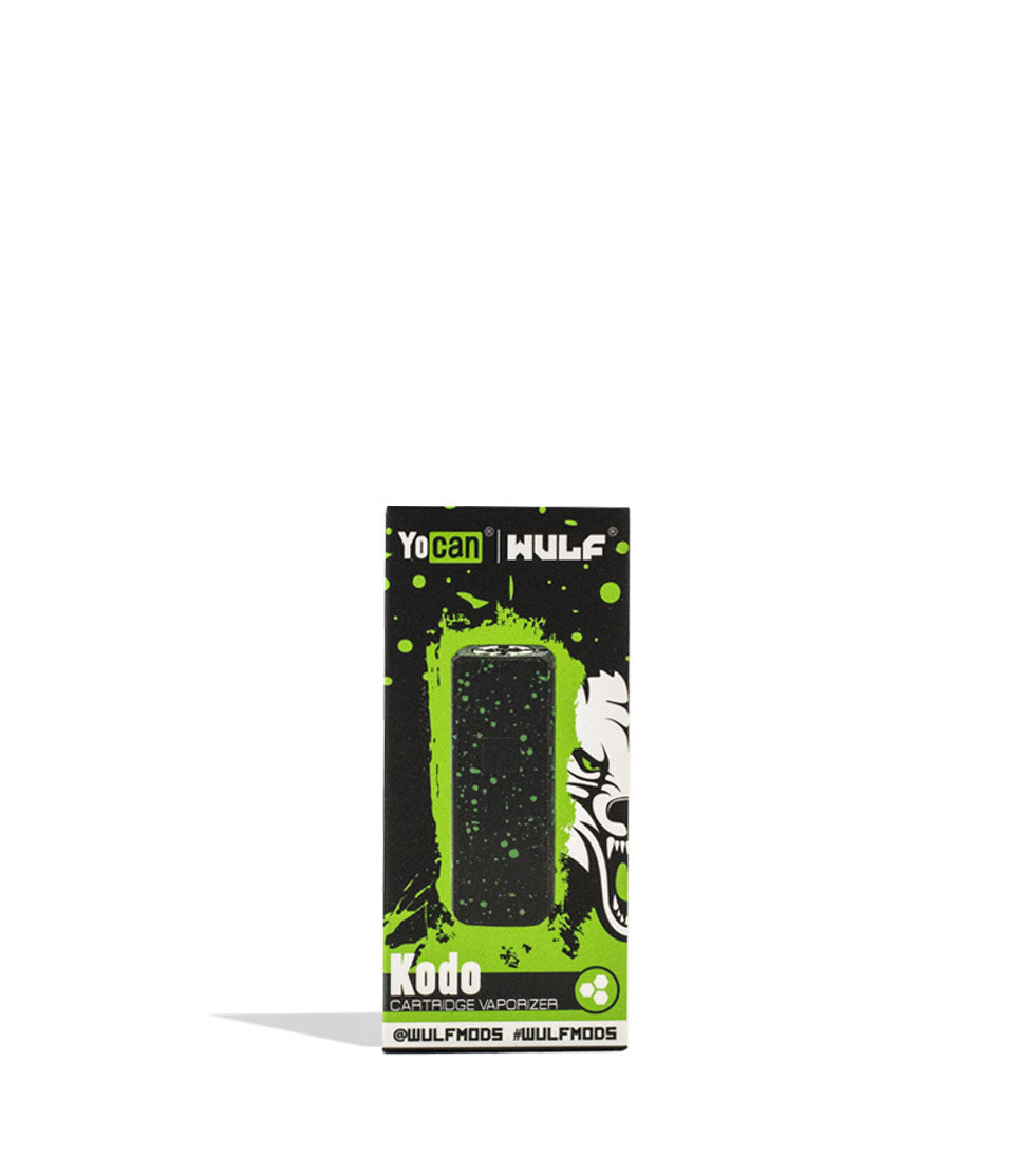 Black Green Spatter Wulf Mods KODO Cartridge Vaporizer Packaging Front View on White Background