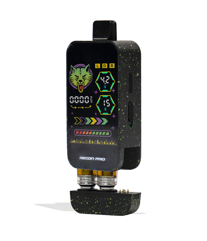 Black Green Spatter Wulf Mods Recon Pro Dual 510 Voltage Battery Apart View on White Background