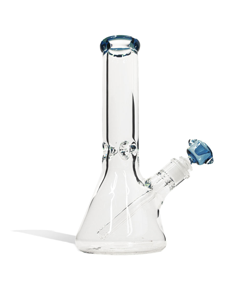 Clear Blue 12 inch Beaker Water Pipe with Ice Pinch and Colored Bowl on white background